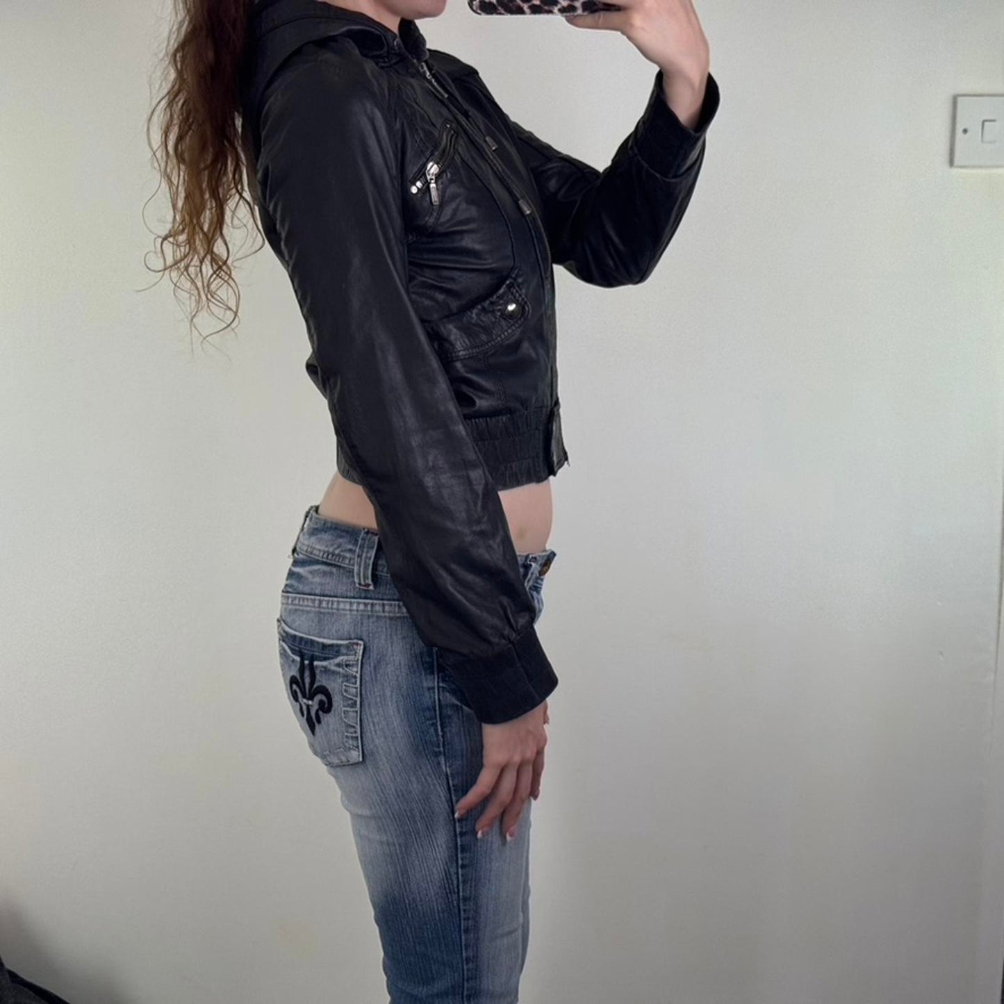 Y2K vintage genuine leather zip up jacket crop short length elastic waist hood