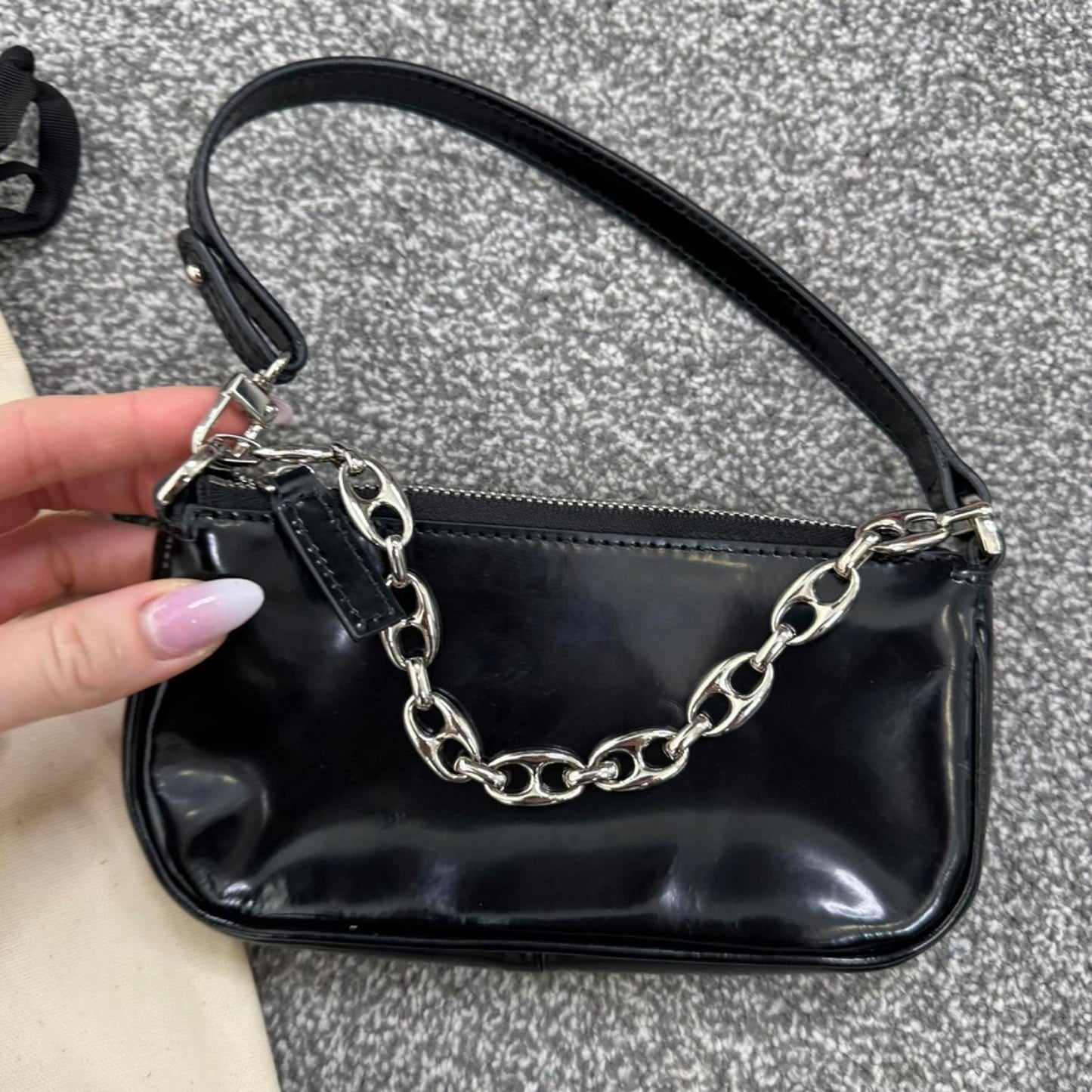 By FAR faux leather patent mini micro handbag chain small black silver dust bag