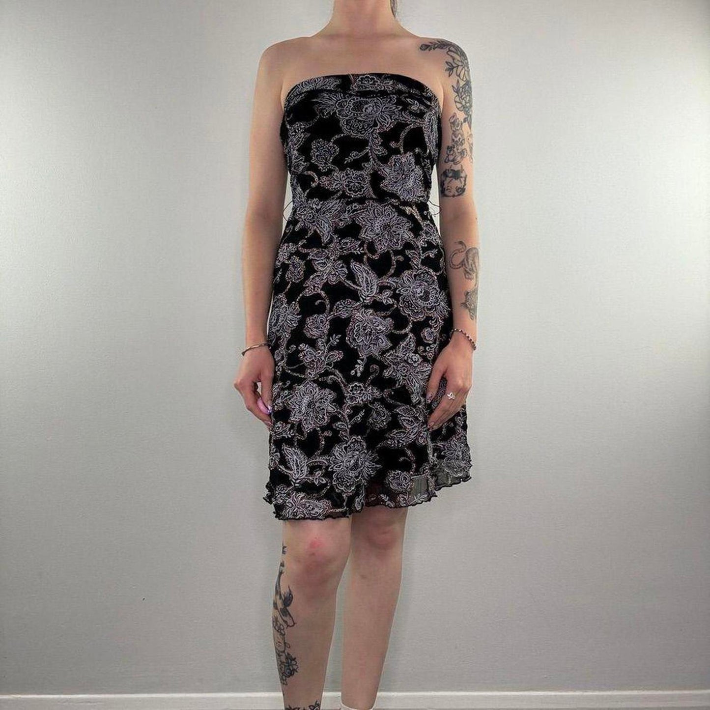 Y2K vintage Jane Norman sparkly strapless floral mesh midi dress