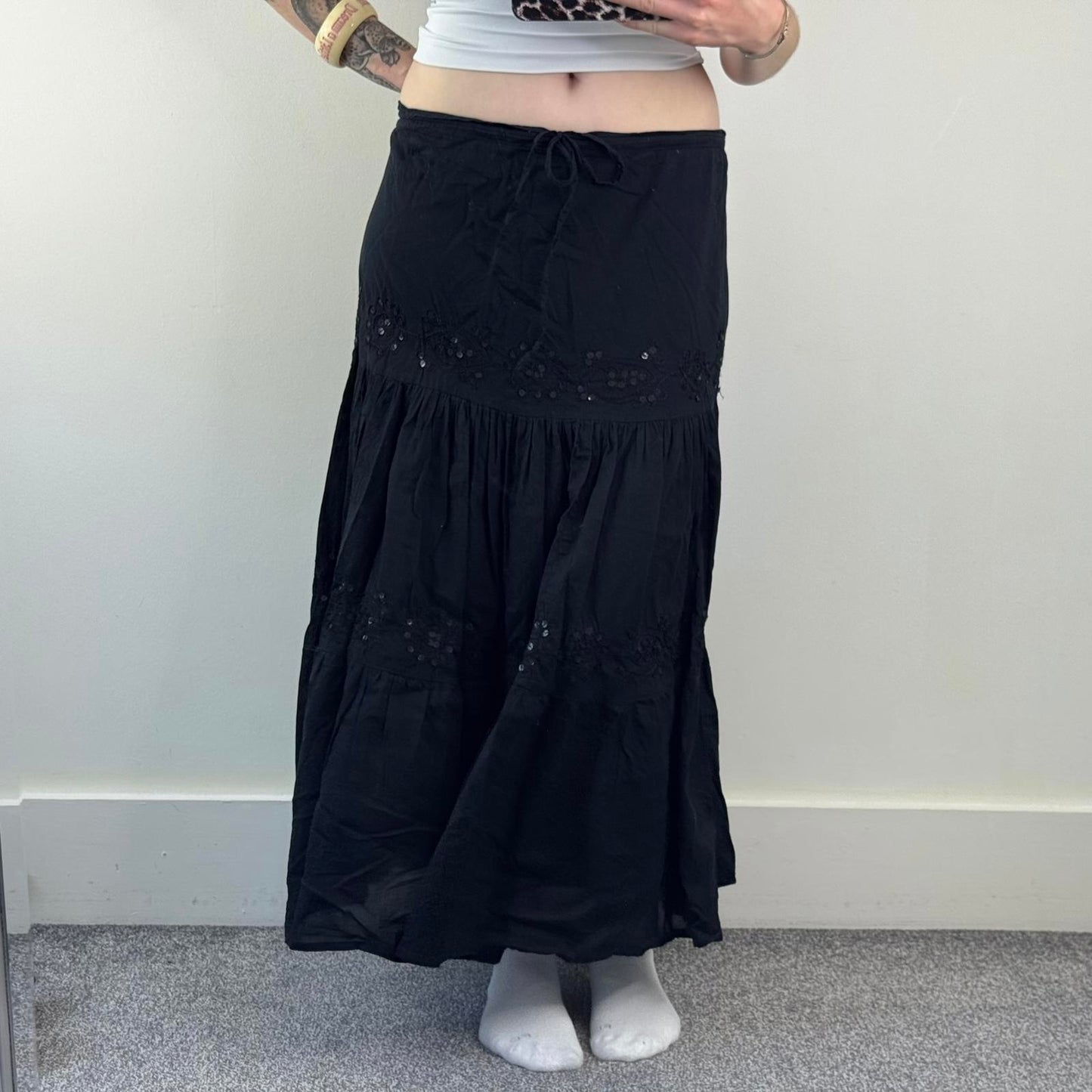 Y2K vintage boho maxi skirt sequin a line drawstring embroidery lightweight