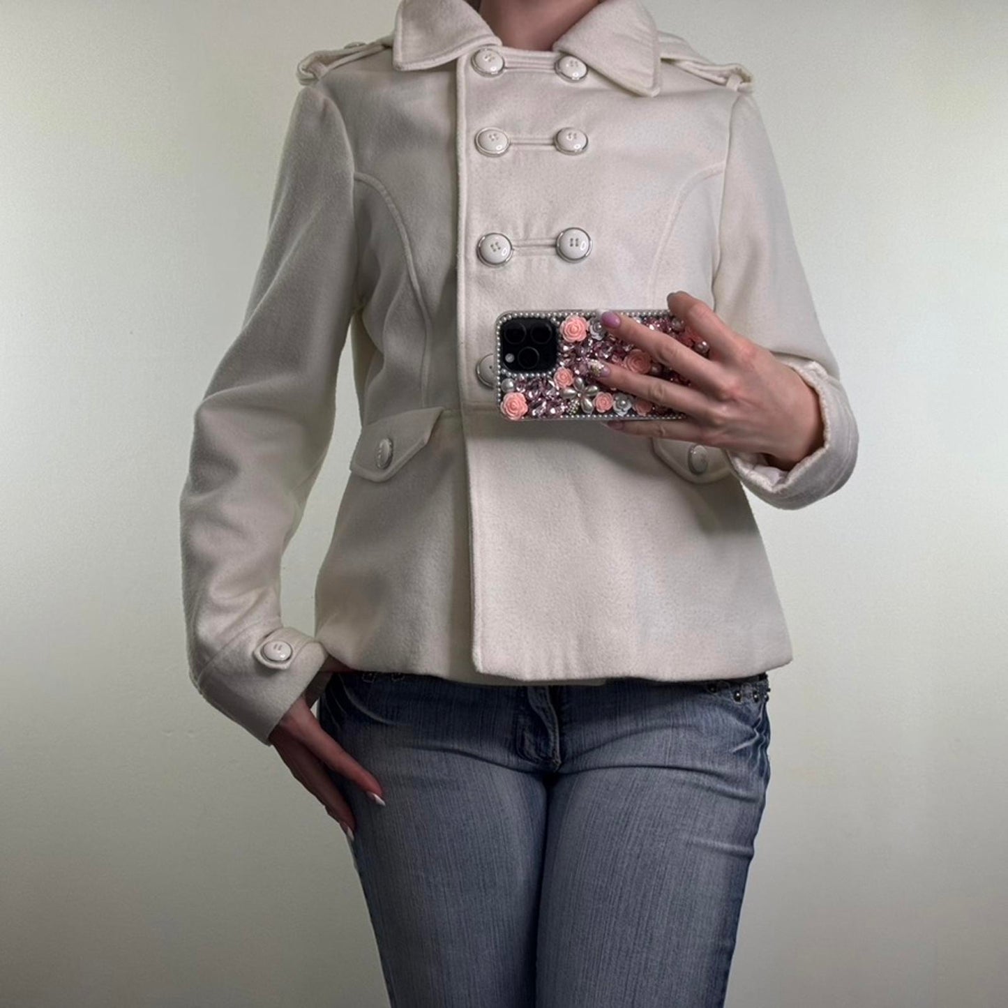 Y2K vintage wool blend pea coat button hood military short jacket