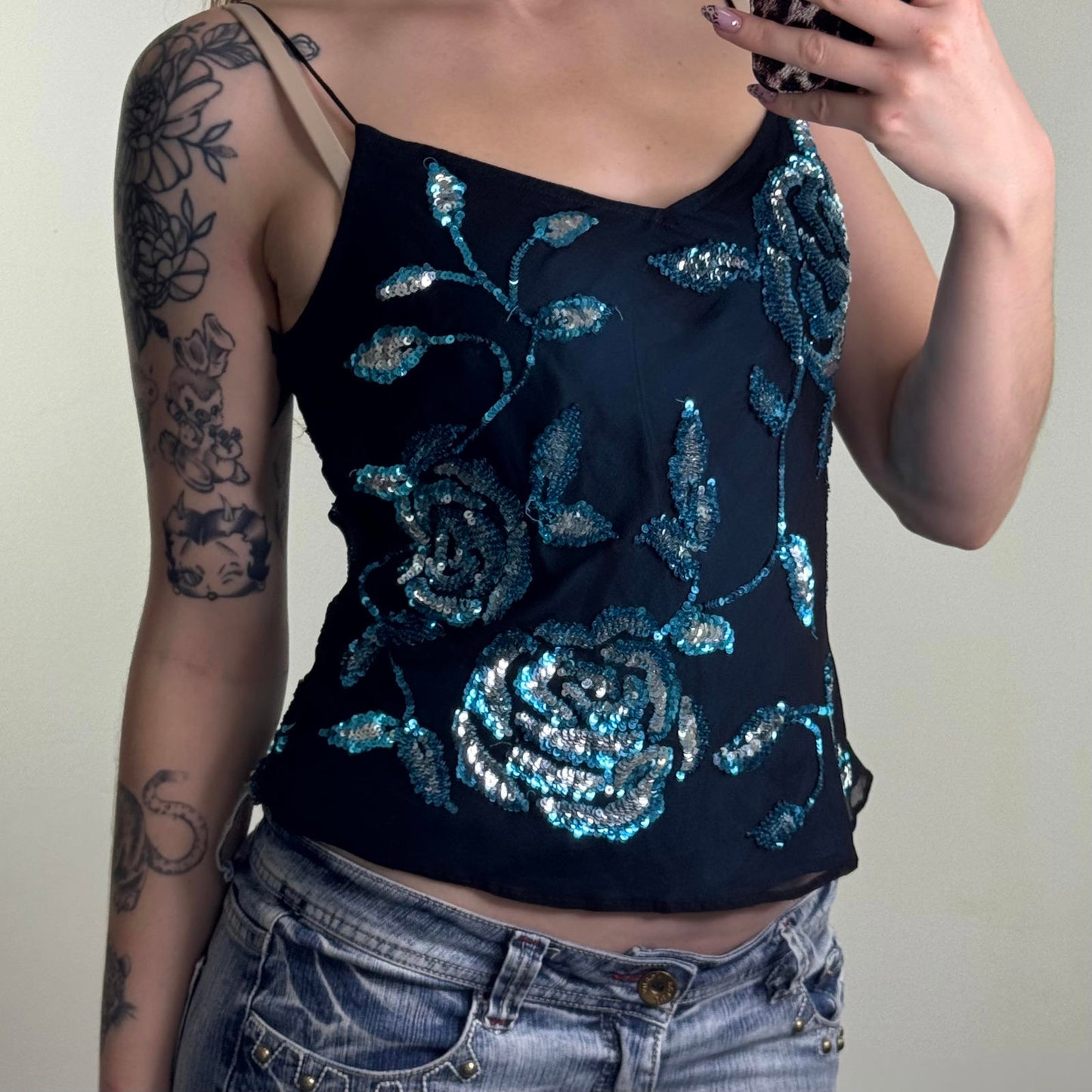 Y2K vintage 100% pure silk cami top embellished floral rose sequin pattern