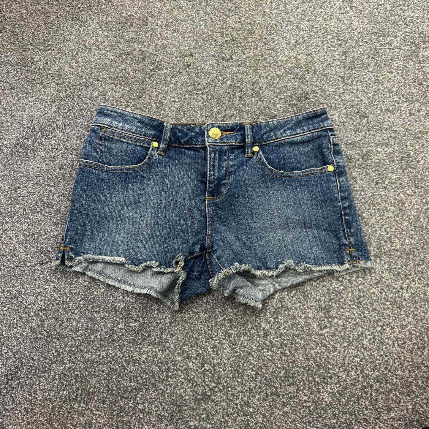 Y2K vintage Juicy Couture low rise denim mini shorts faded fraying hem