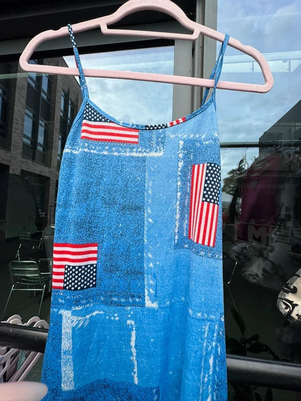 Y2K vintage slinky USA flag mini dress lace up back