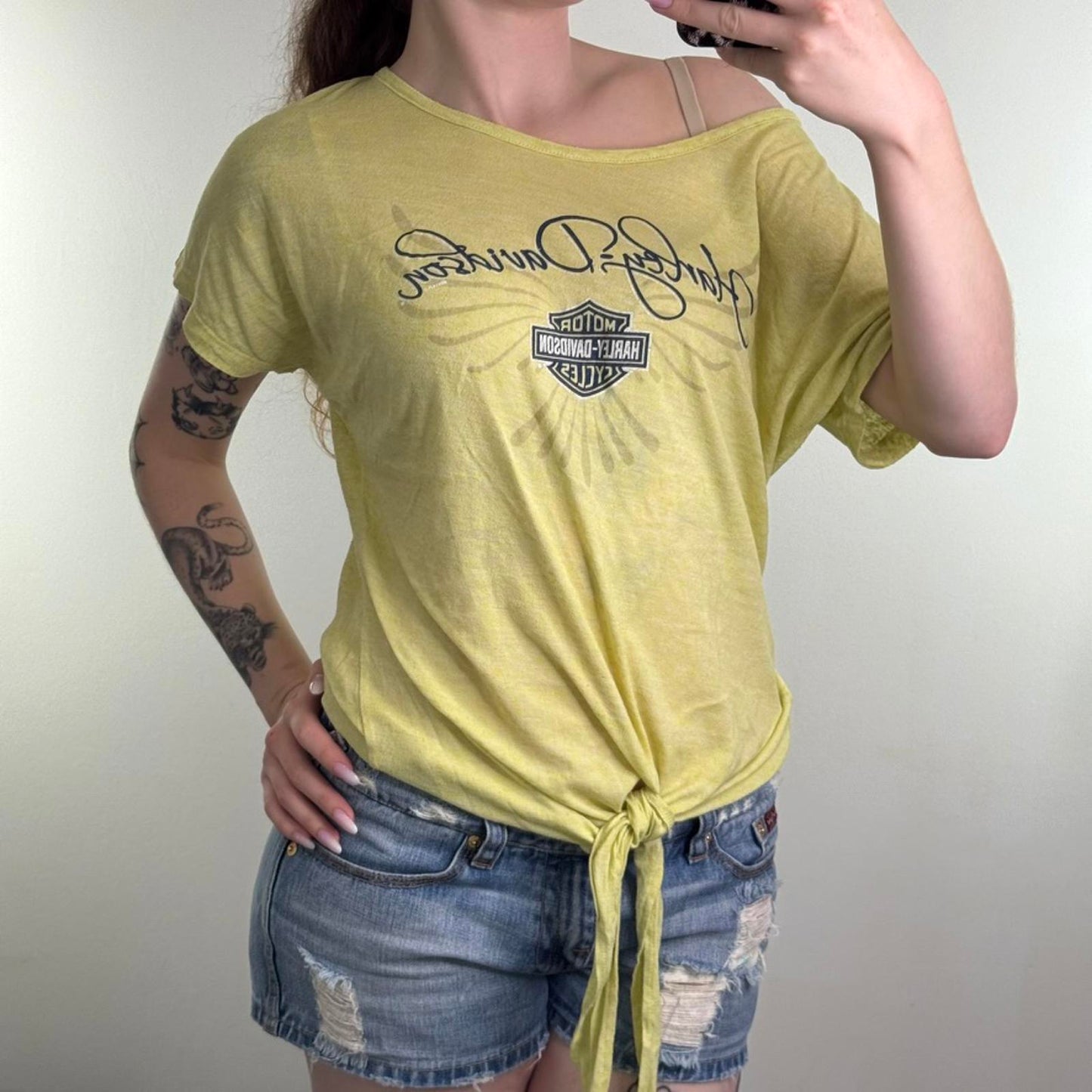 2014 Harley Davidson tribal angel wings slouchy top graphic print tie knot sheer