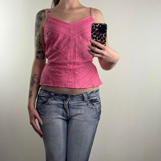 Y2K vintage 100% pure linen cami top adjustable bow beaded chevron stripe pink