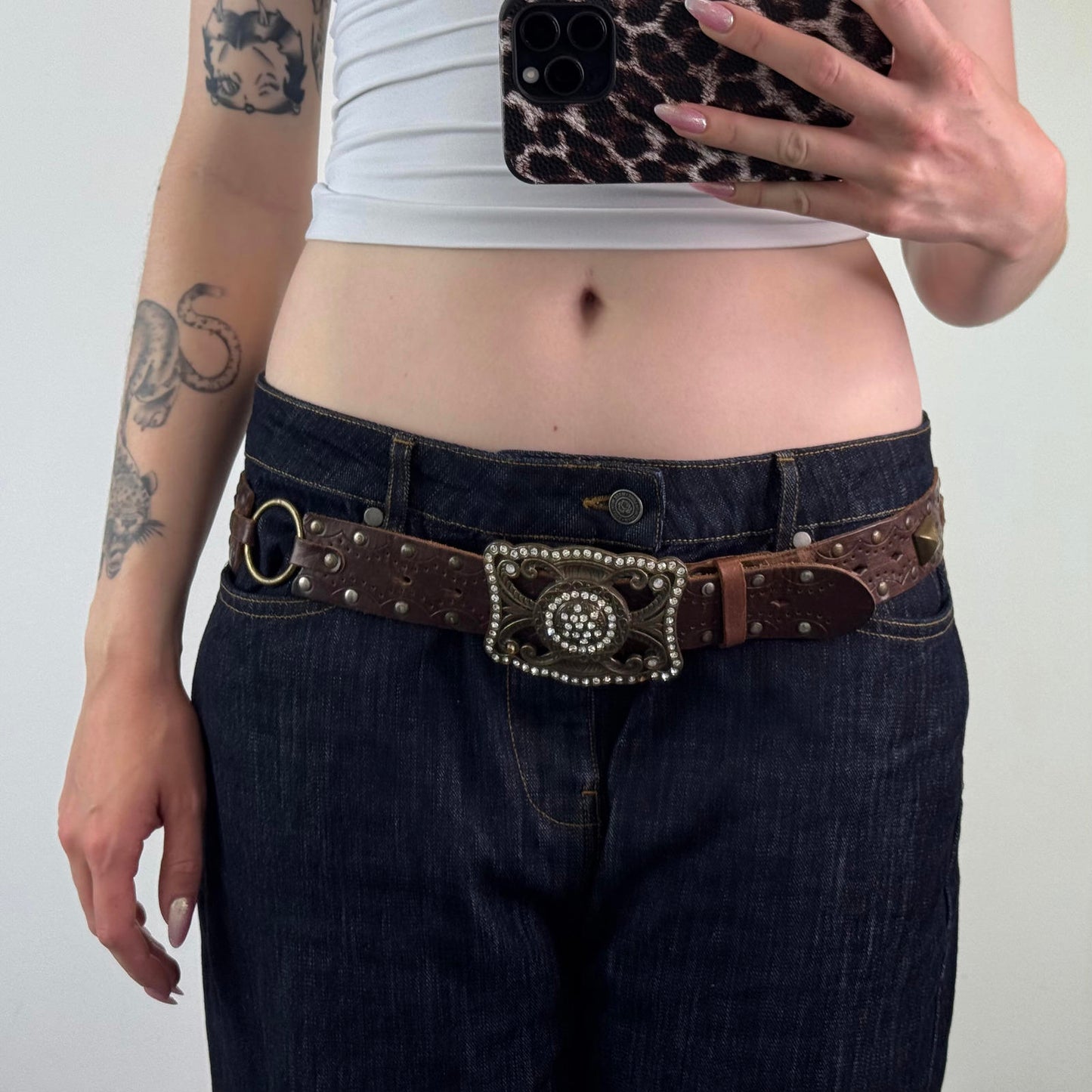 Y2K vintage genuine leather big buckle rhinestone belt brown o ring western