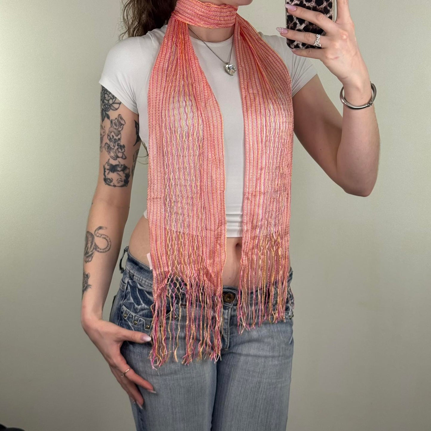 Y2K vintage sheer fine knit stripe scarf fringe orange pink lightweight