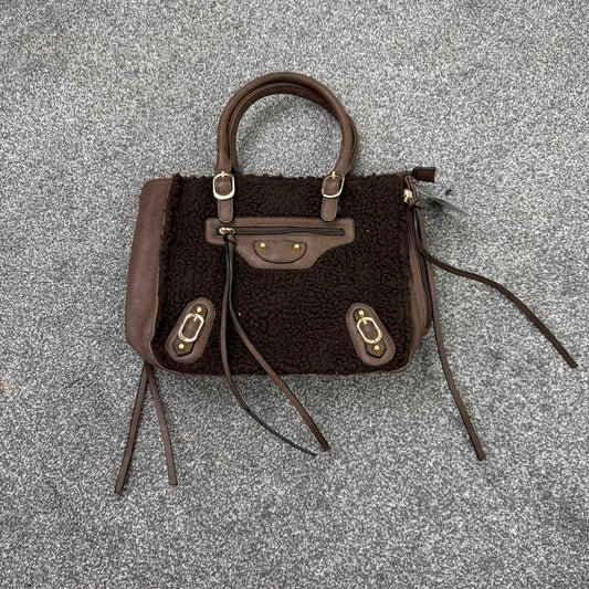 Small sherpa faux leather mini handbag brown gold