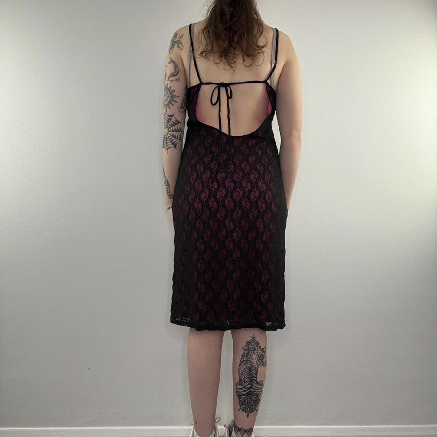 Y2K vintage midi dress mesh overlay floral lace open low back bow pink black