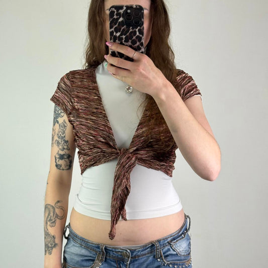 Y2K vintage short sleeve cropped cardigan tie knot front v neck