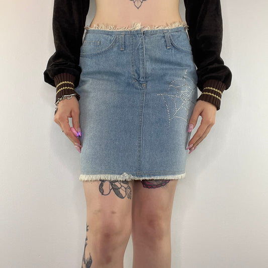 Y2K rhinestone spiderweb denim mini skirt