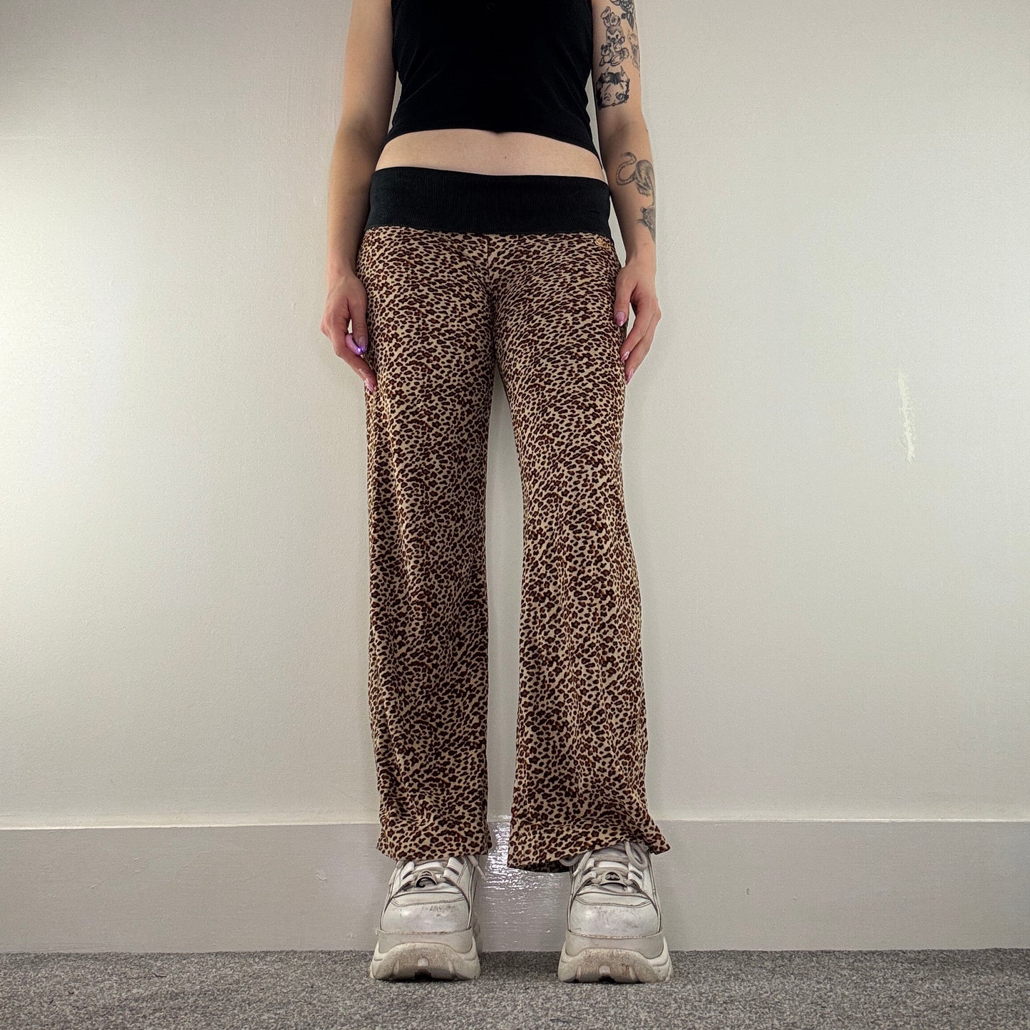 Y2K vintage leopard print velour fold over waistband flare trousers