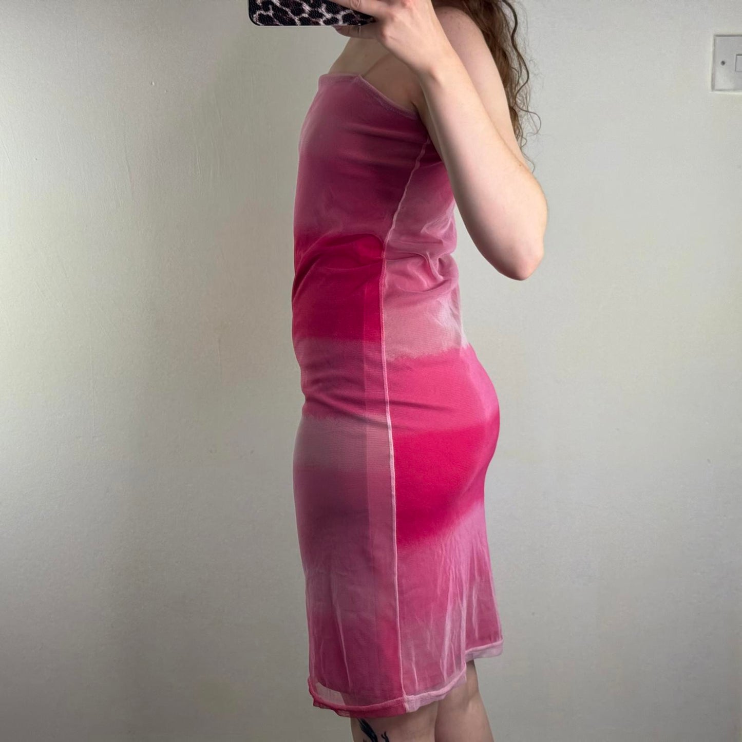 Y2K vintage ombre mesh overlay midi dress clear straps straight neck stripe pink