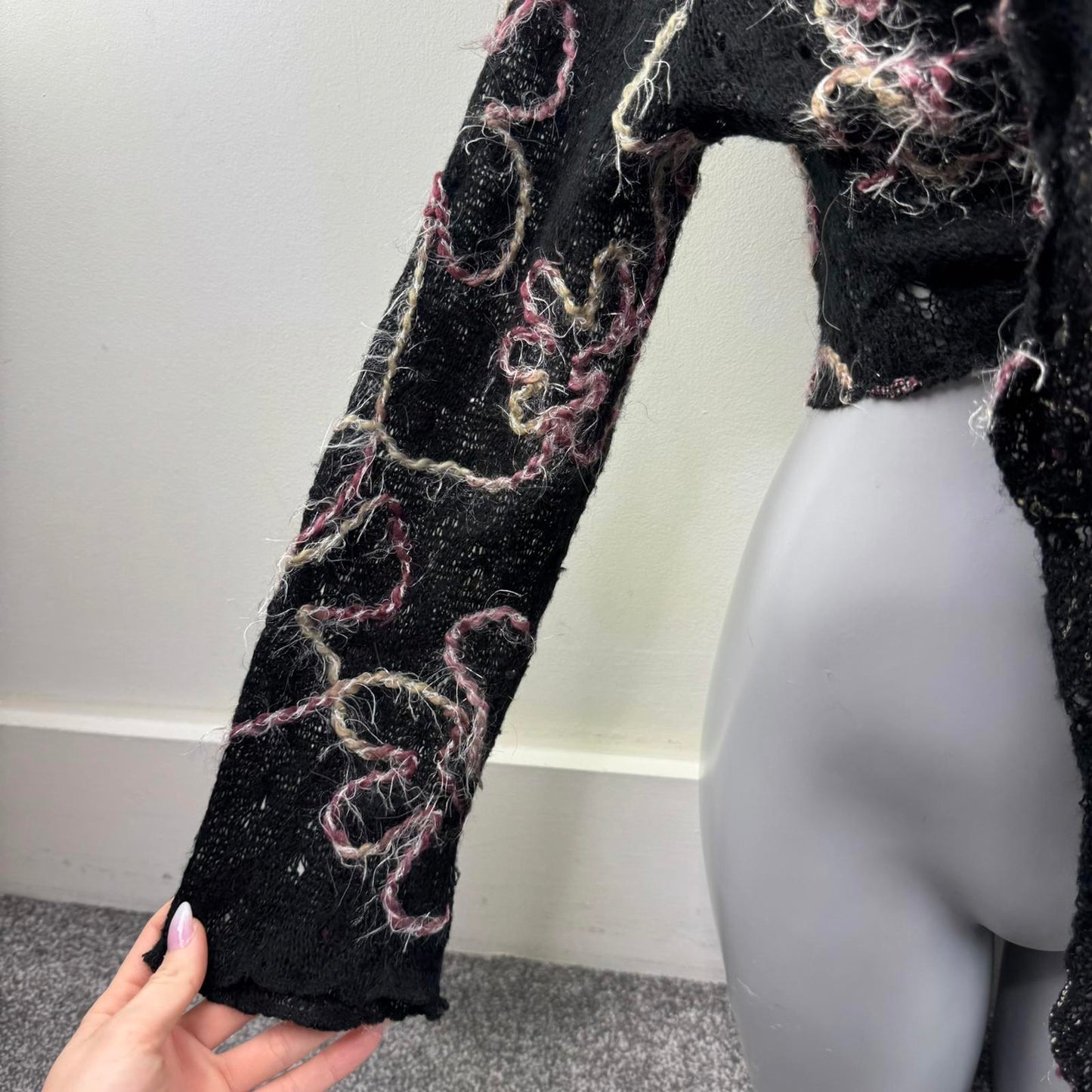 Y2K vintage wool blend knitted cardigan long sleeve cropped floral embroidery