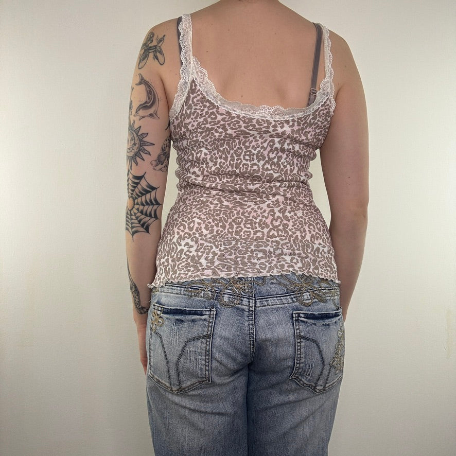 Y2K vintage leopard print lace trim cami top light pink/brown lettuce hem bow