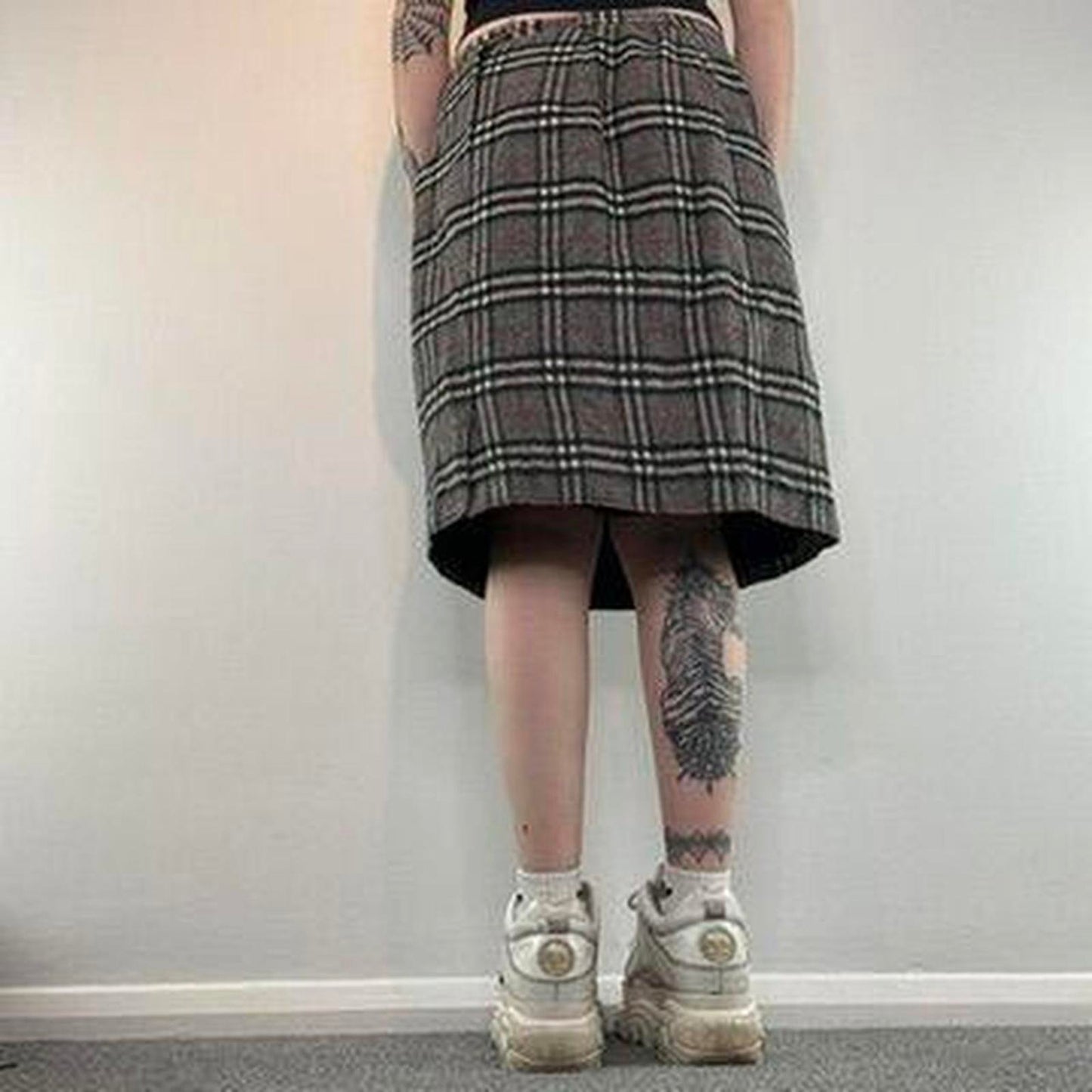 Y2K vintage wool nova check midi skirt knee length print grey