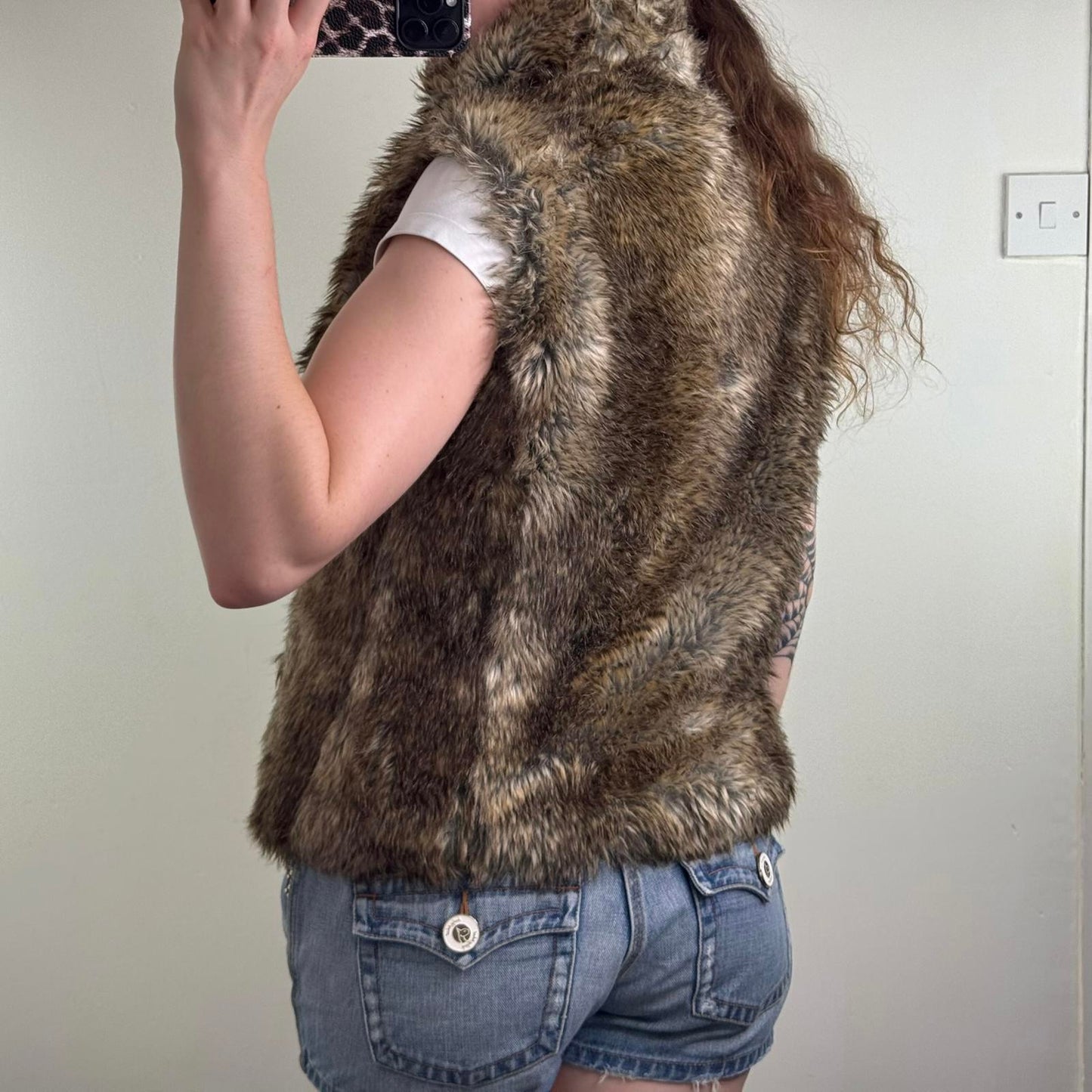 Y2K vintage Topshop faux fur sleeveless gilet body warmer high neck brown