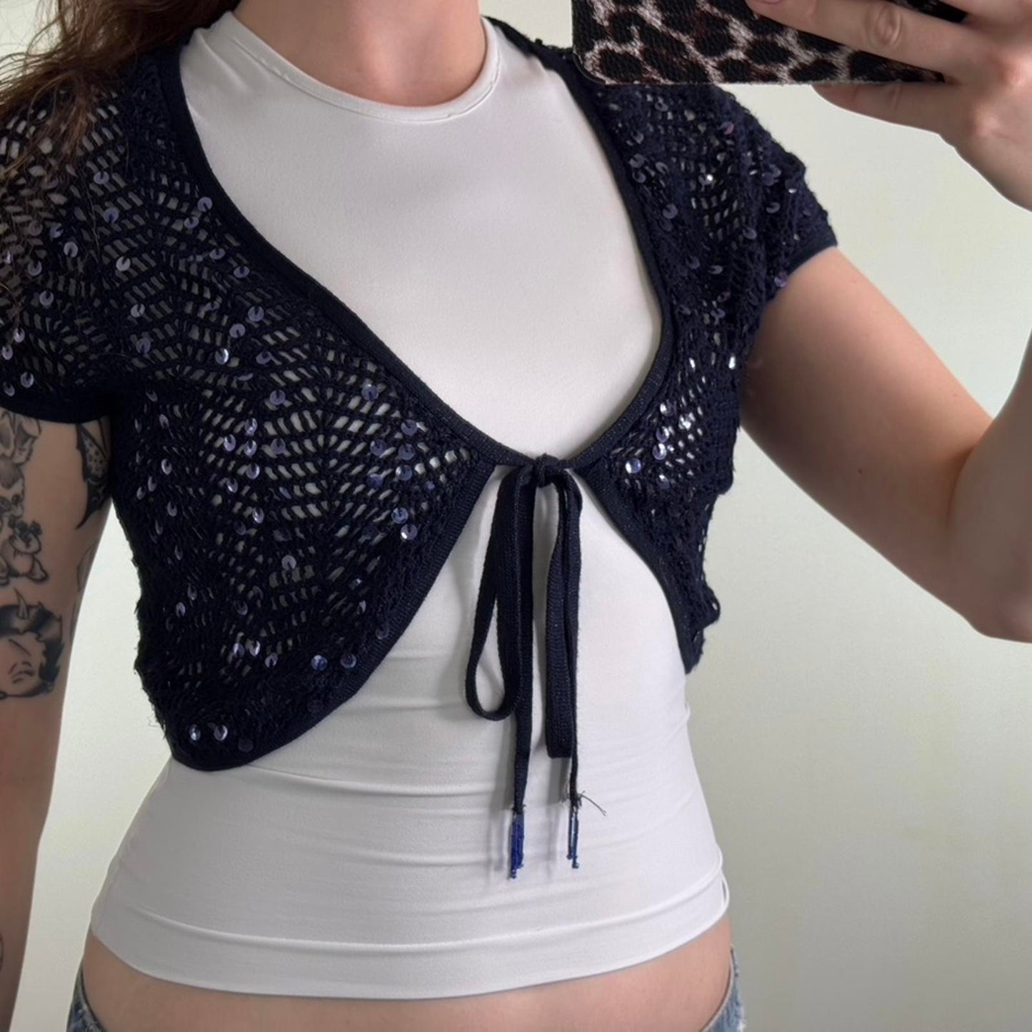 Y2K vintage crochet knit cropped cardigan short sleeve sequin tie bow front