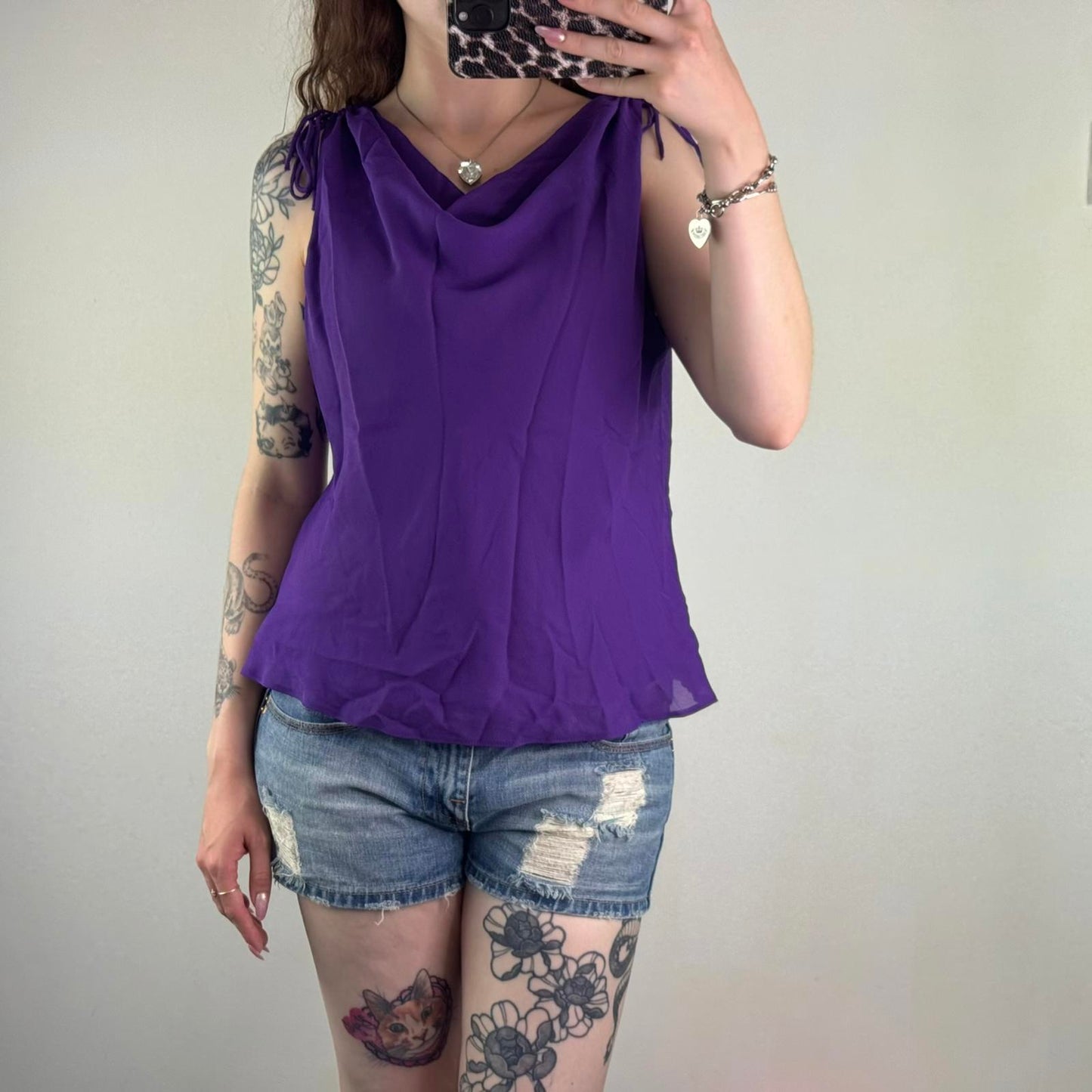 Y2K vintage cowl neck tank top ruched bow double layer sheer sleeveless