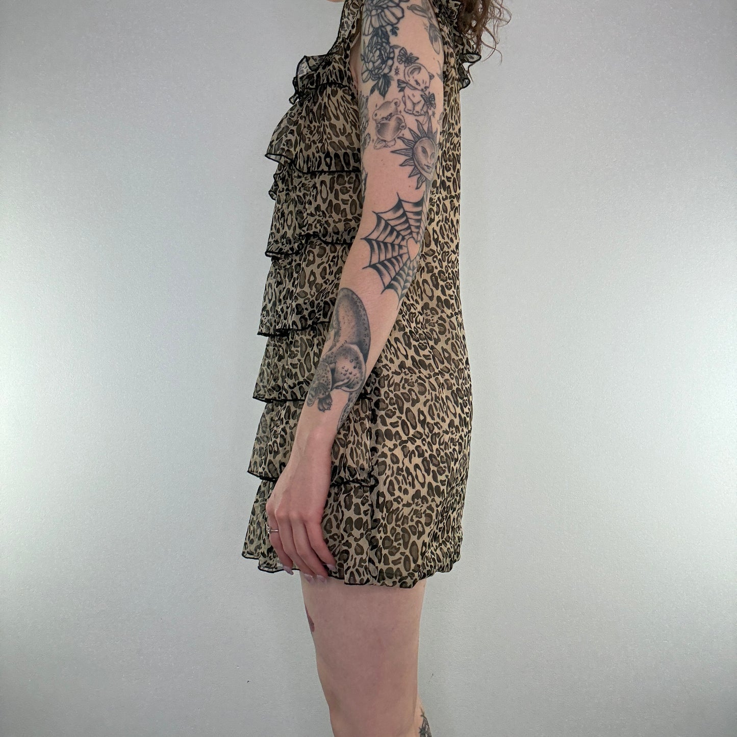 Y2K leopard print frilly tiered mini dress