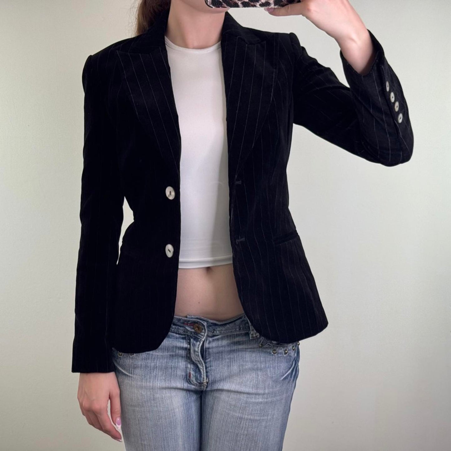 Y2K vintage velour pinstripe blazer jacket shell button up shoulder pad tailored