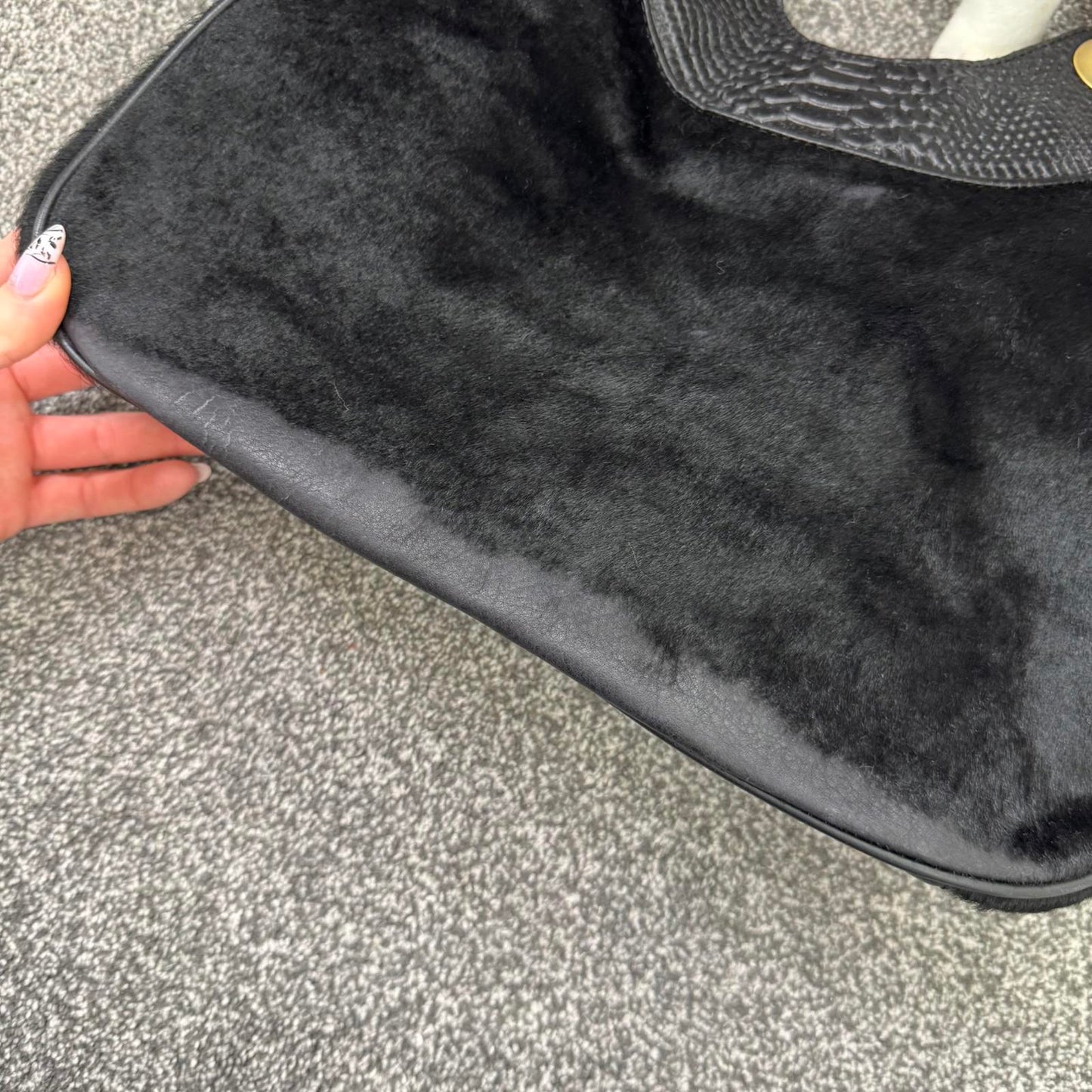 Y2K vintage genuine pony fur leather shoulder bag handbag croc print black gold