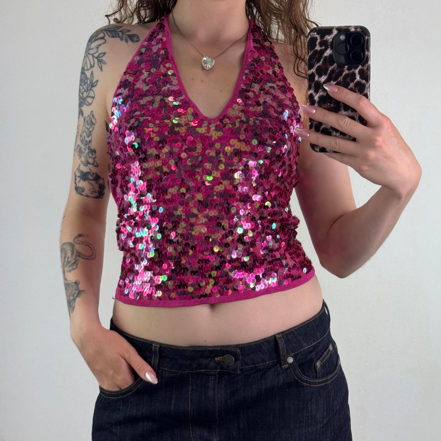 Y2K vintage halter neck sequin tank top fine knit embellished stretchy hot pink