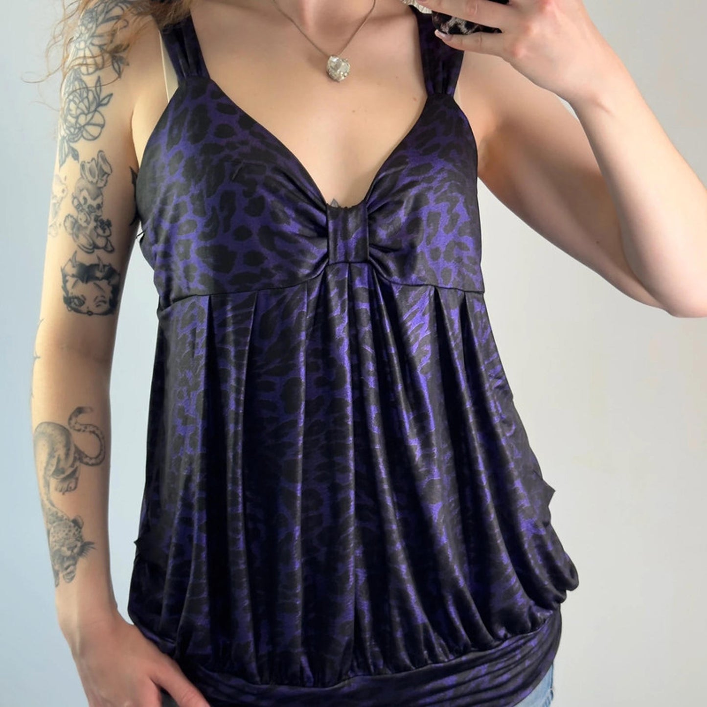 Y2K vintage party leopard print stretchy peplum top shiny pockets bow bust