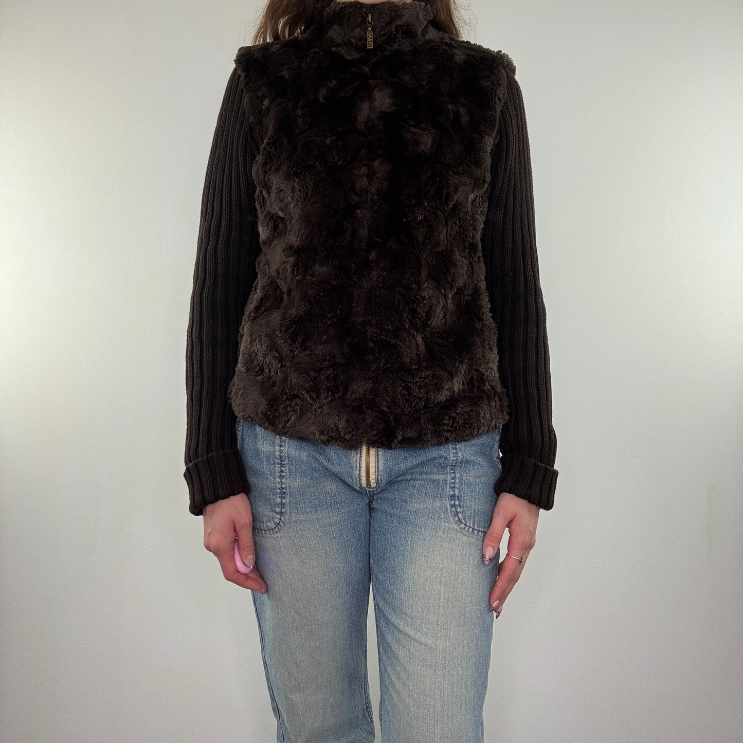 Y2K faux fur zip up knit sleeve jacket