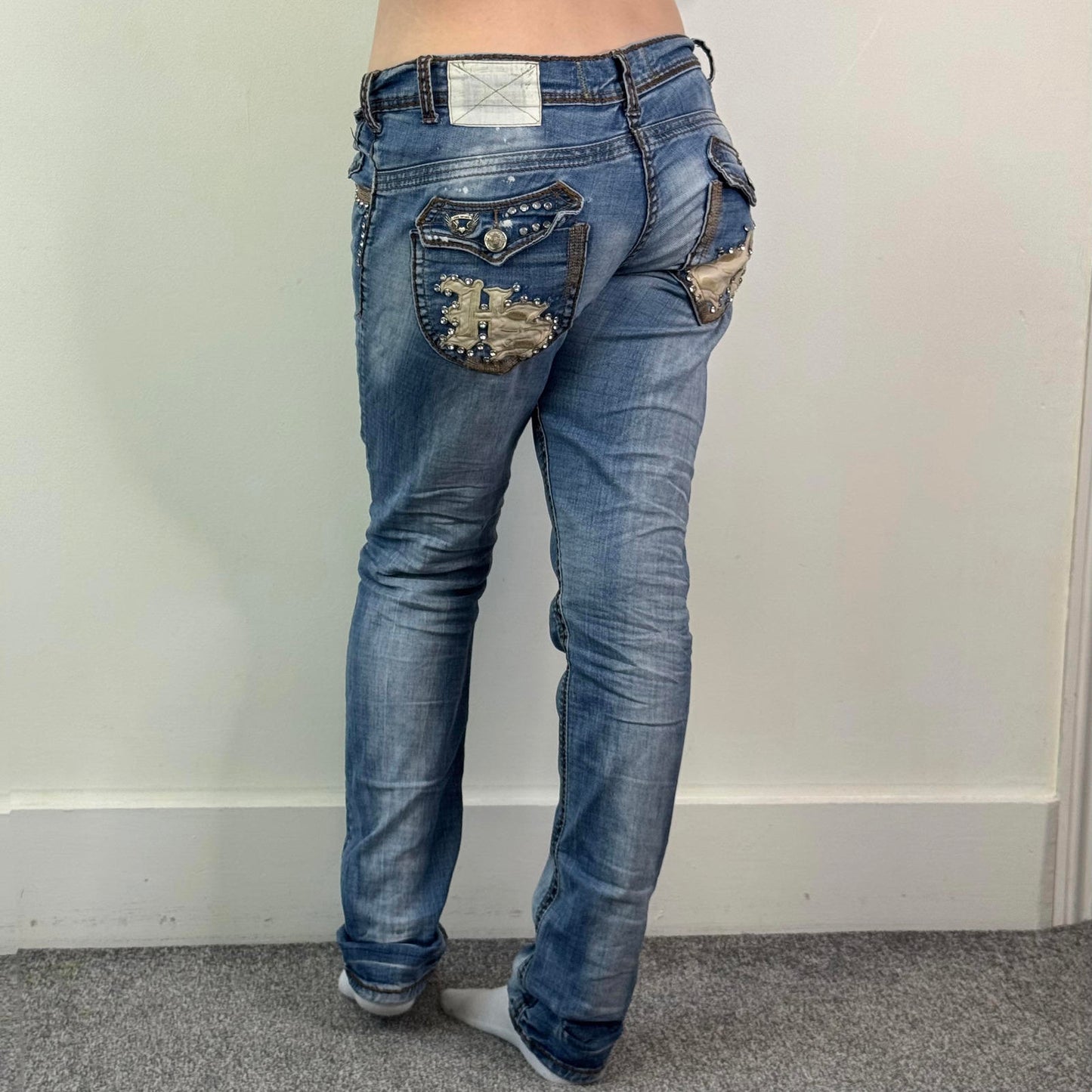 Y2K vintage low rise slim straight leg bootcut jeans faded denim rhinestones