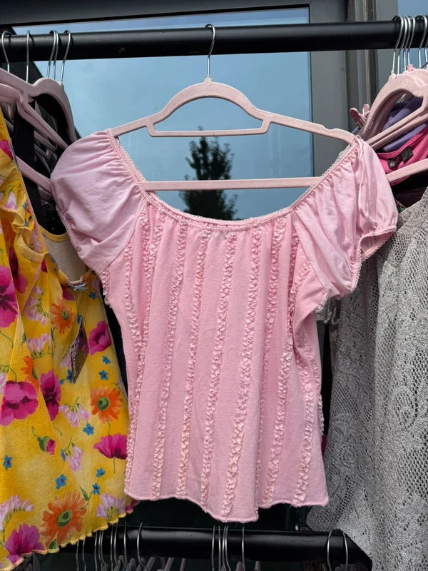 Y2K vinatge pink frill cap sleeve milkmaid top