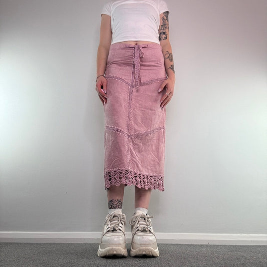 Y2K vintage faux suede patchwork festival maxi skirt