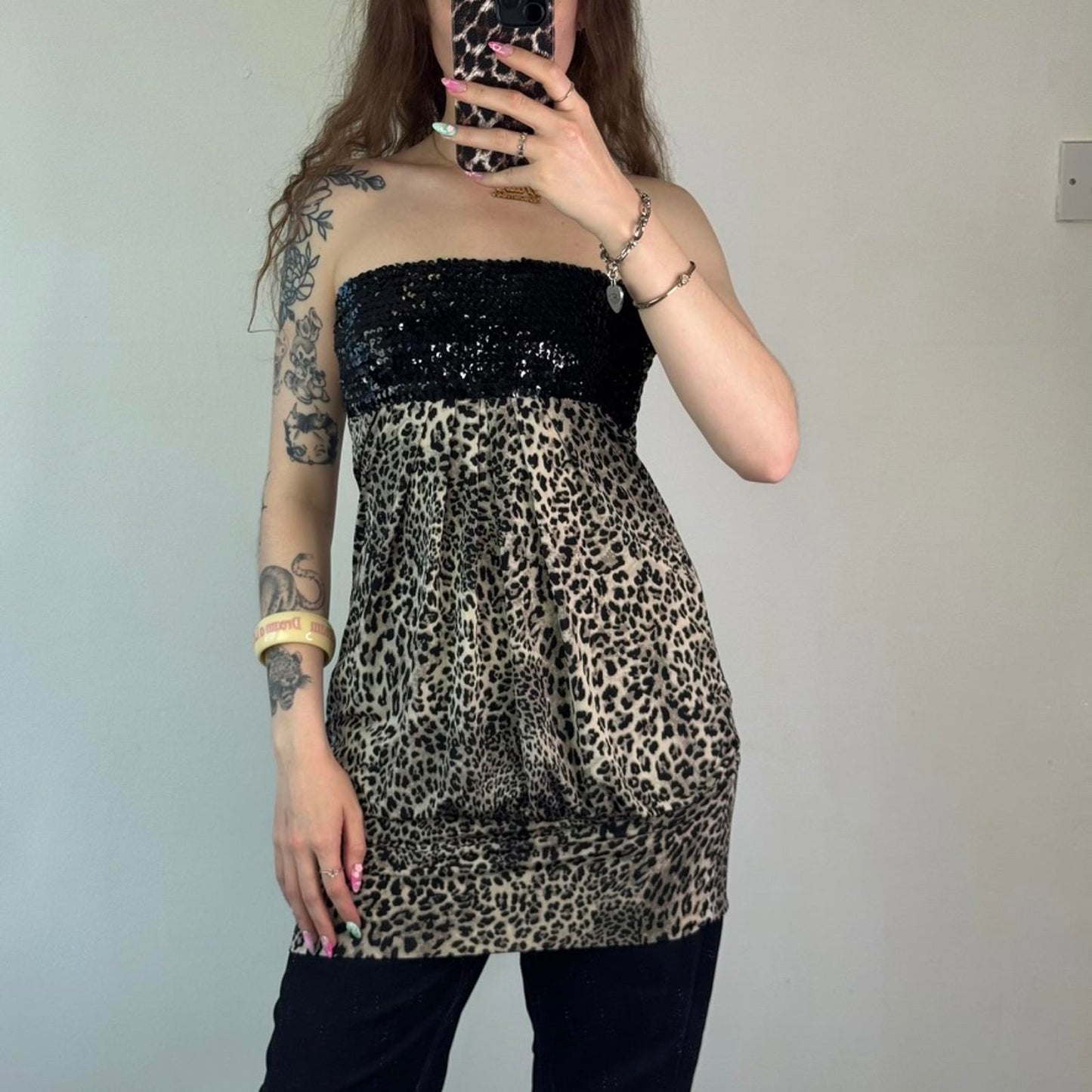 Y2K vintage strapless sequin leopard print top longline peplum ruched stretchy