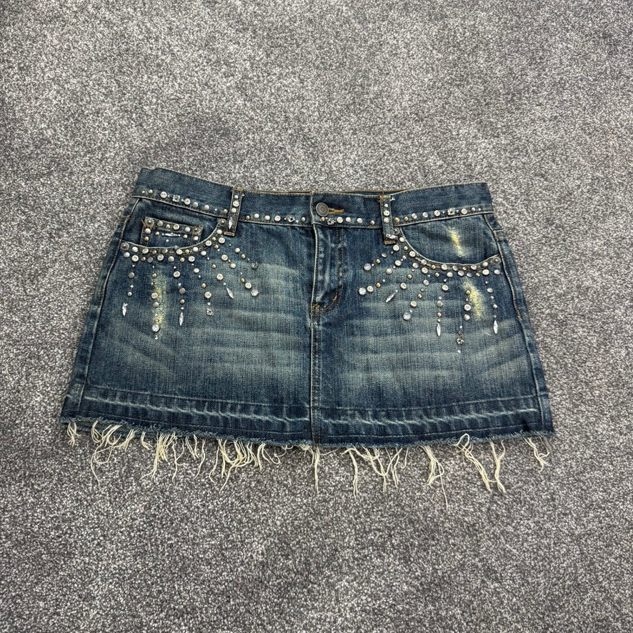 Y2K vintage low rise mini skirt rhinestone embellished faded denim fraying hem