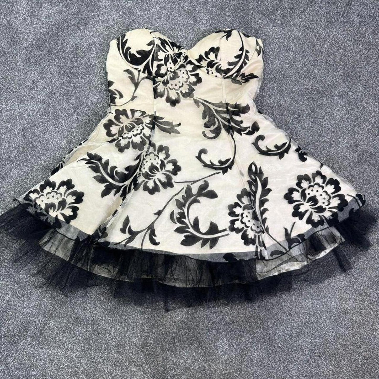 Y2K vintage mini dress strapless floral a line fishnet rara layered flower