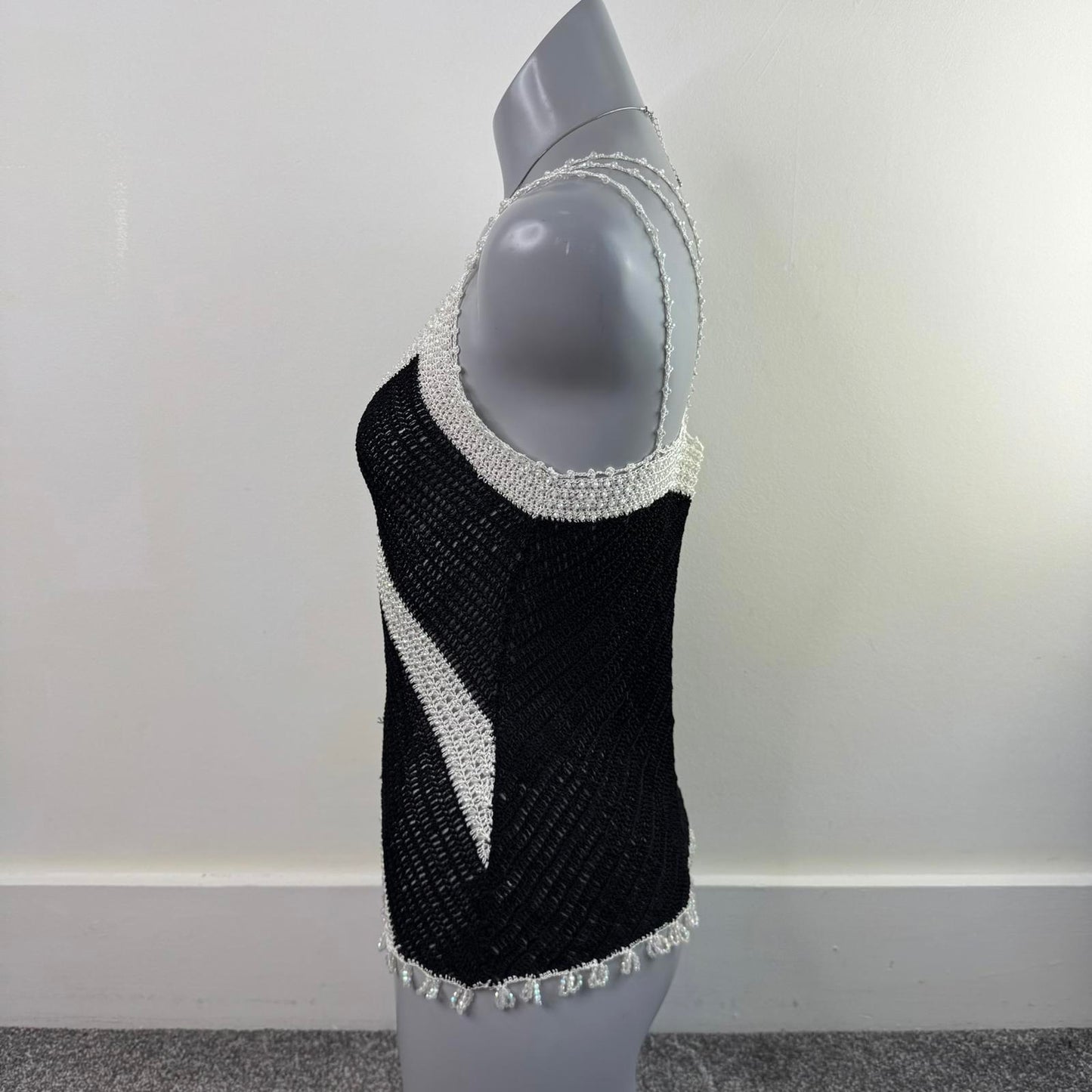 Y2K vintage crochet beaded sheer knit tank top strappy racerback chevron print