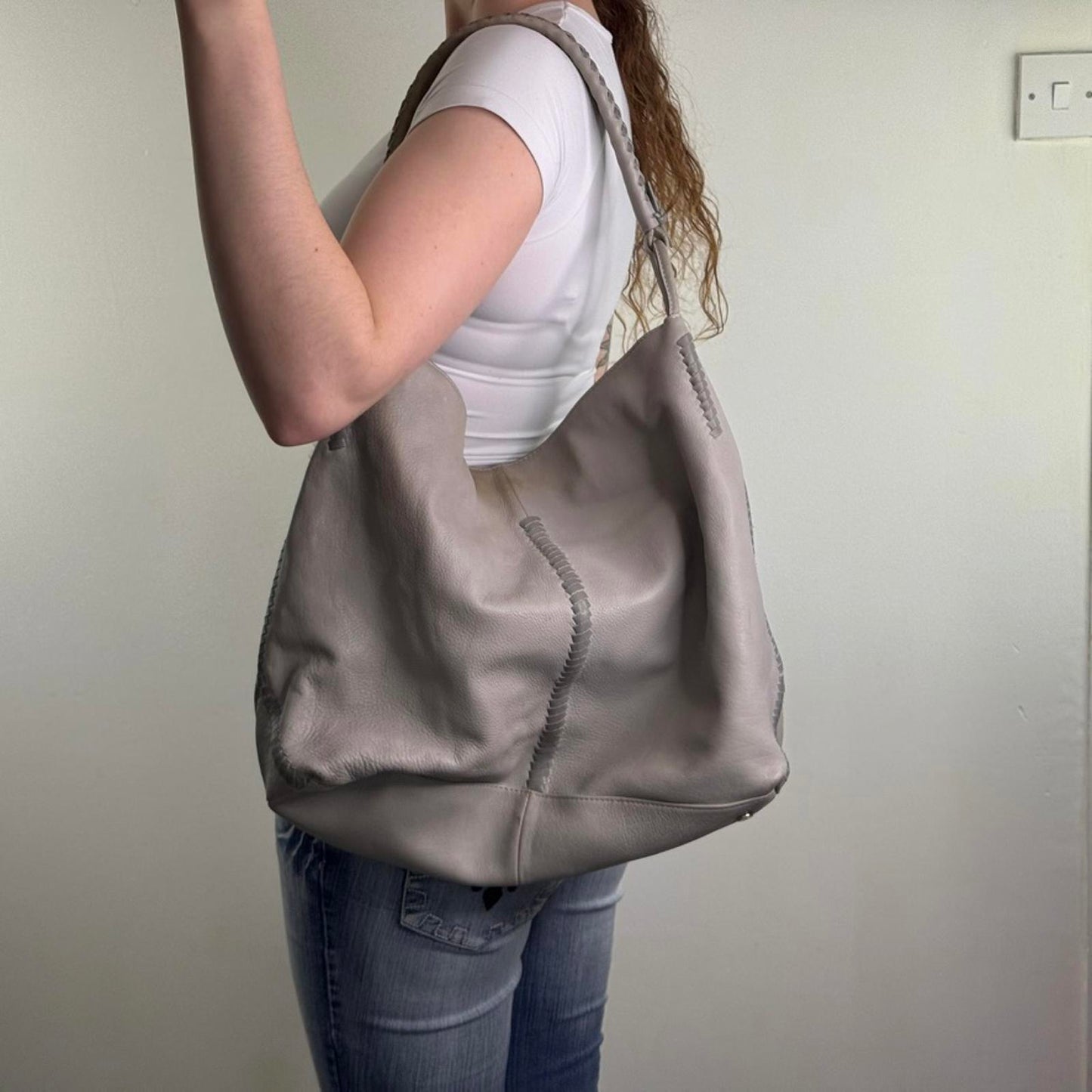 Y2K vintage Jigsaw genuine leather slouchy hobo shoulder bag braided large grey