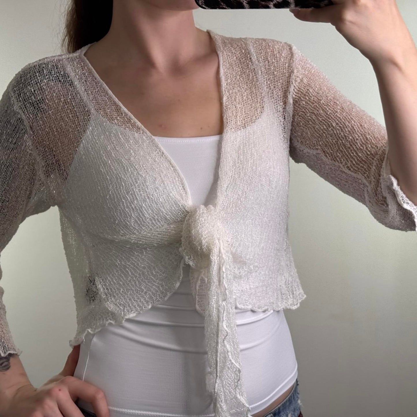 Y2K vintage fine knit shrug cardigan tie front bow 3/4 sleeve sheer cover up