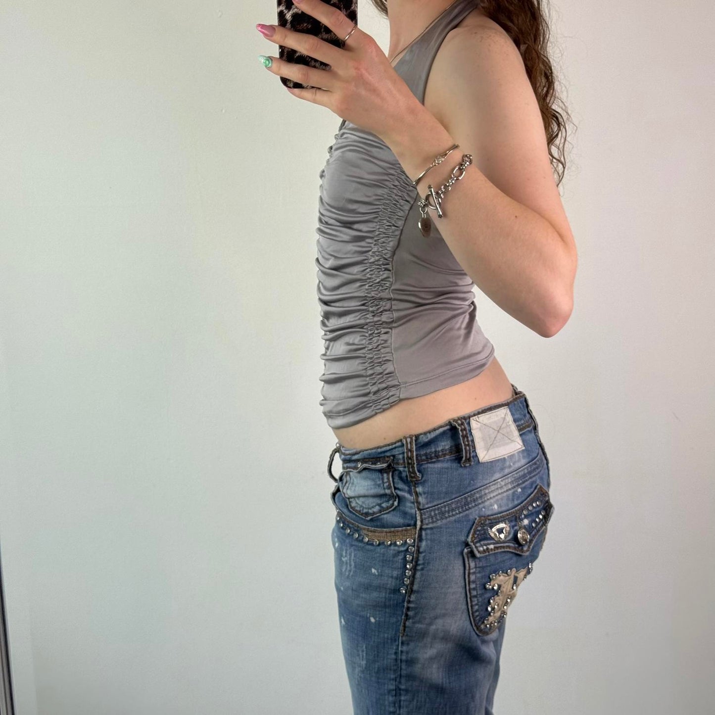 Y2K vintage slinky ruched halter neck v neck tie back stretchy ruched cyber