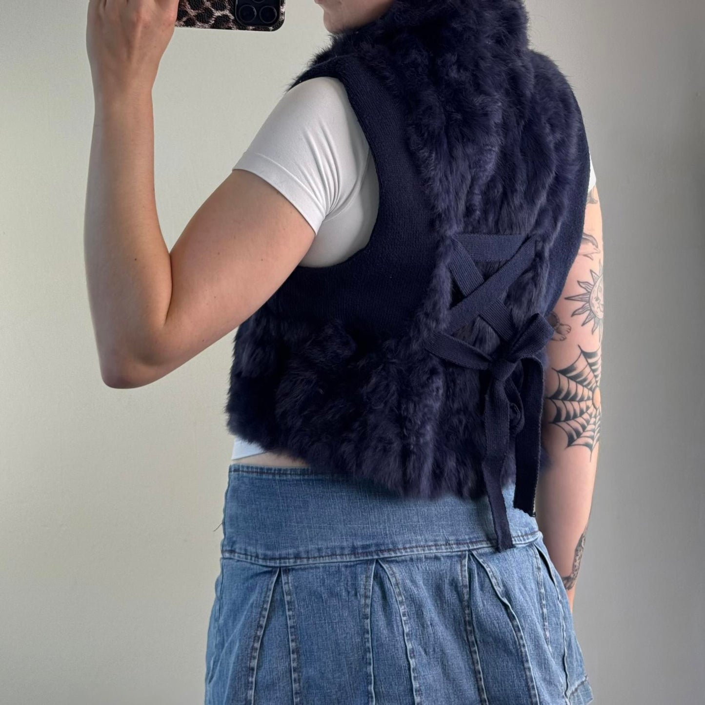 Genuine lapin rabbit fur gilet lace up back sleeveless jacket blue hook and eye