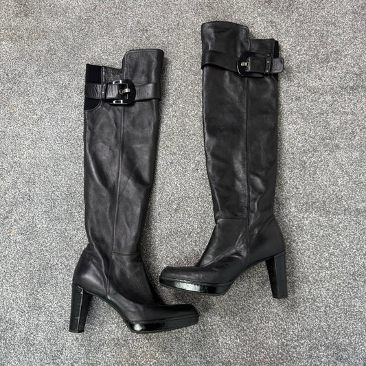 Stuart Weitzman black nappa leather over the knee buckle up boots heeled UK 8