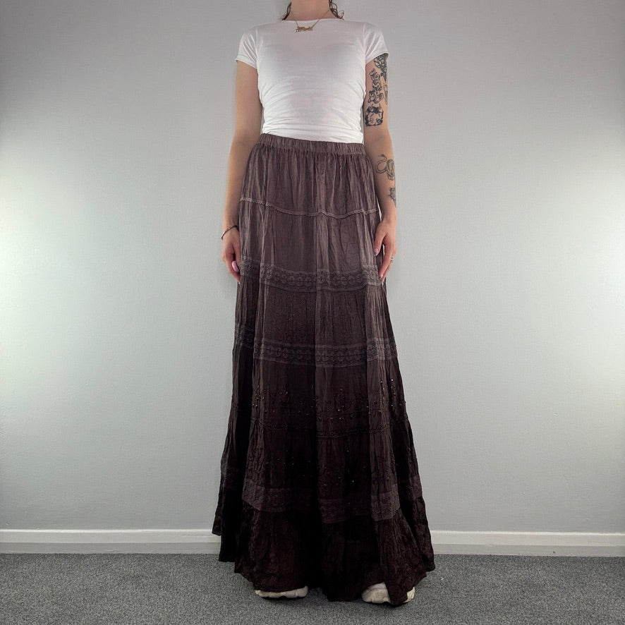 Y2K vintage boho ombre lace sequin trim maxi skirt