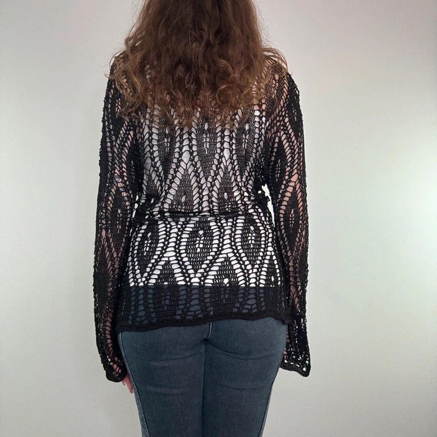 Y2K vintage crochet flared long sleeve top round neck sheer beaded black