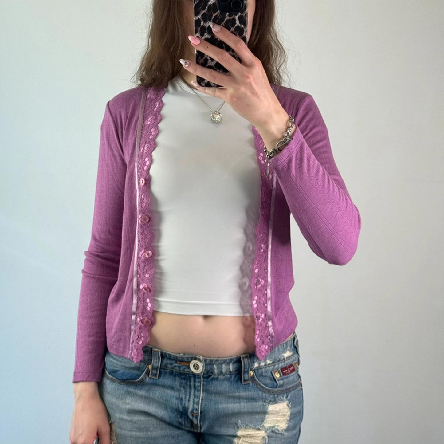 Y2K vintage fine knit button up lace trim long sleeve cardigan v neck fitted