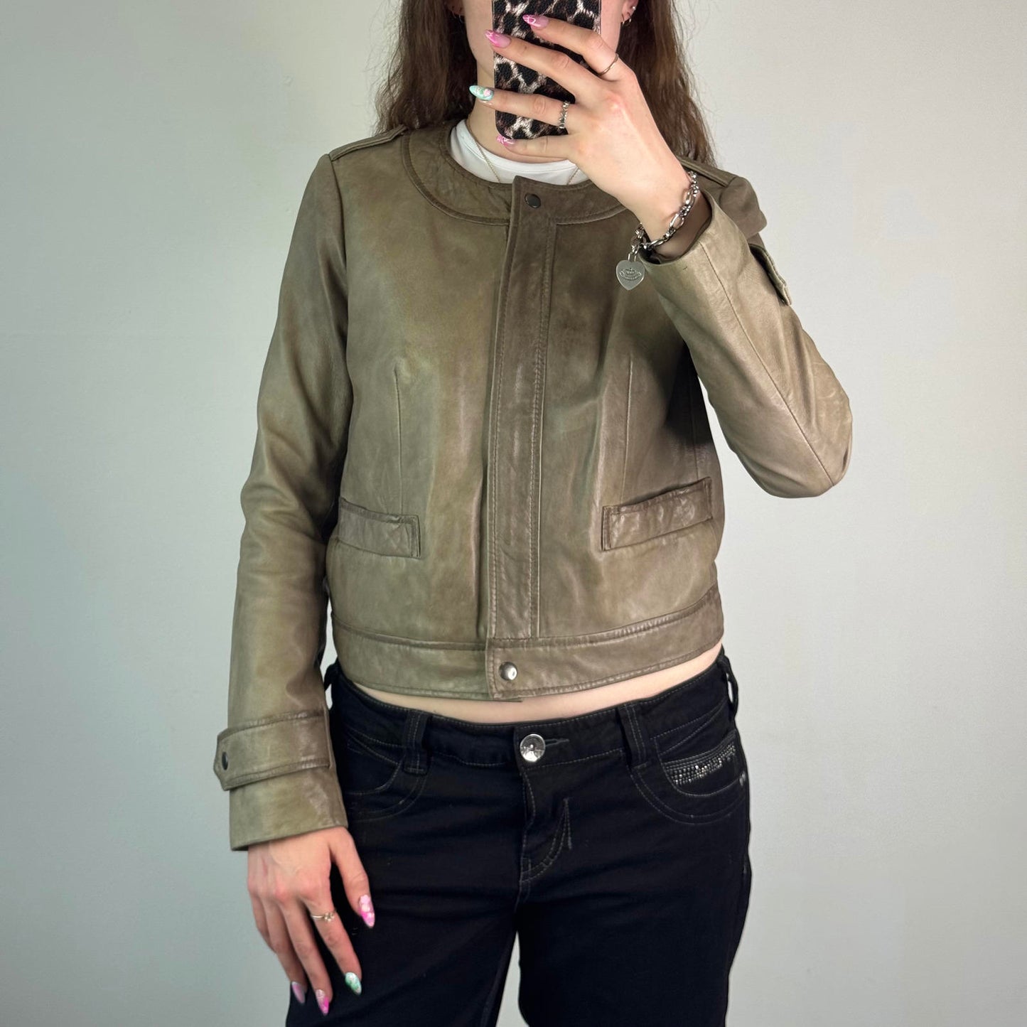 Y2K vintage genuine butter soft leather zip up jacket round neckline olive green