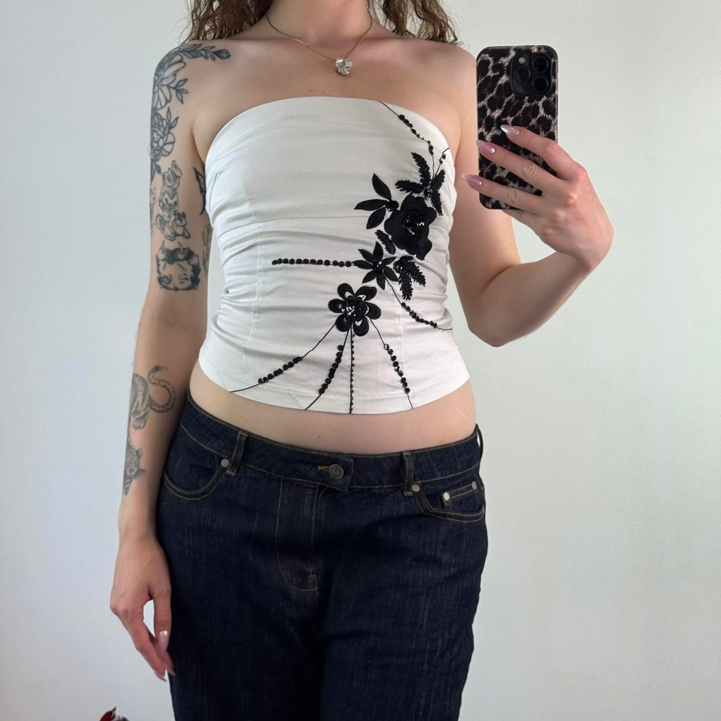 Y2K vintage Jane Norman strapless stretchy fitted top white black floral sequins