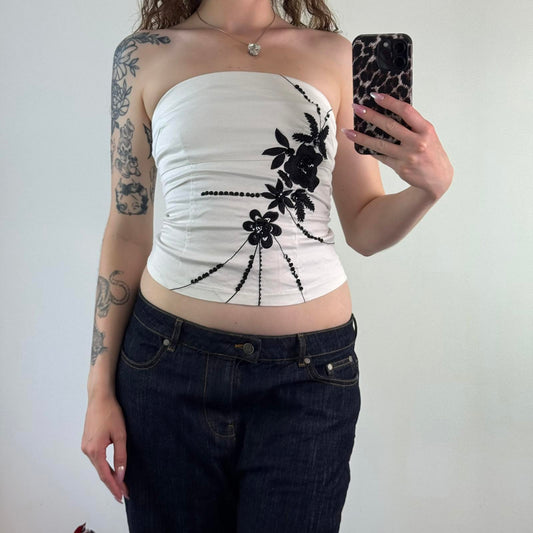 Y2K vintage Jane Norman strapless stretchy fitted top white black floral sequins