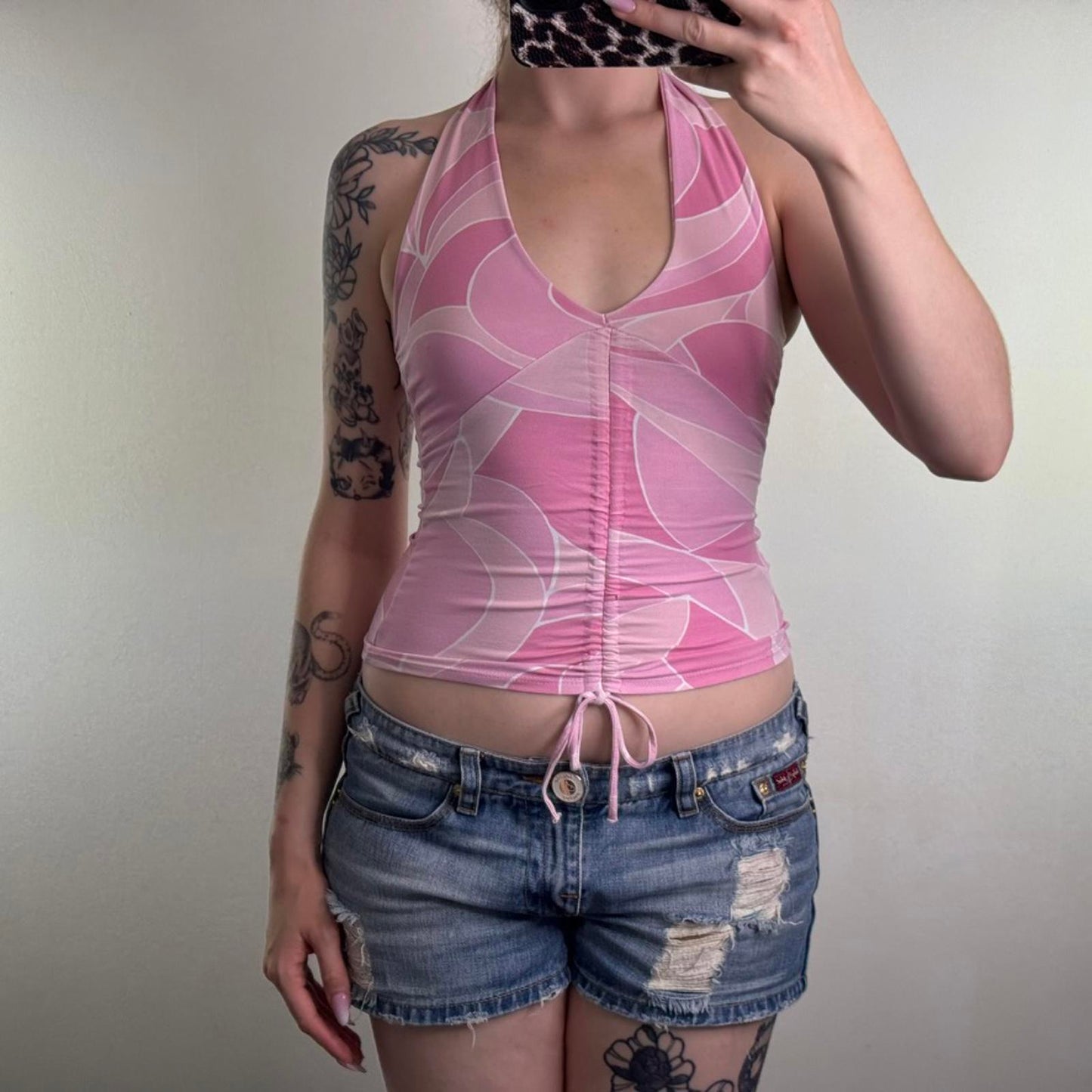 Y2K vintage Jane Norman slinky halter neck top pink ruched bow pattern