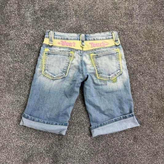 Y2K vintage low rise capri jeans denim don’t touch slogan faded turned up hem